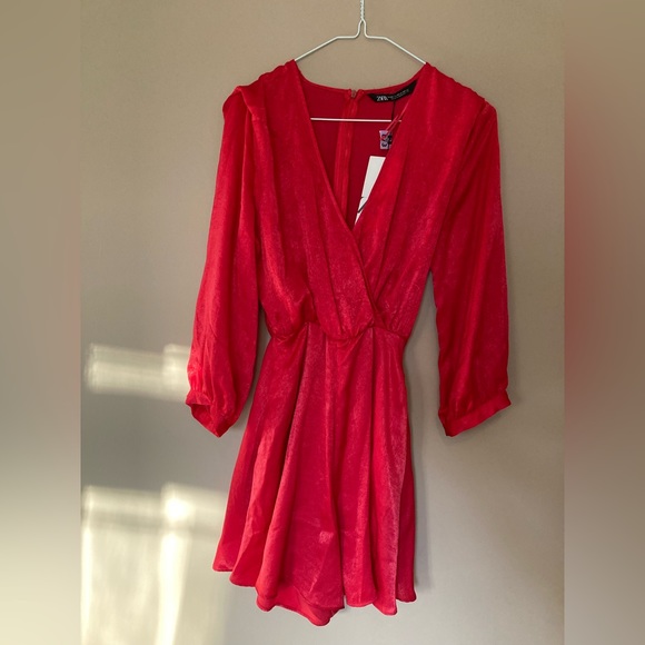 NWT - ZARA❤️red long balloon sleeves v neck tie dress romper - size XS - Picture 4 of 12